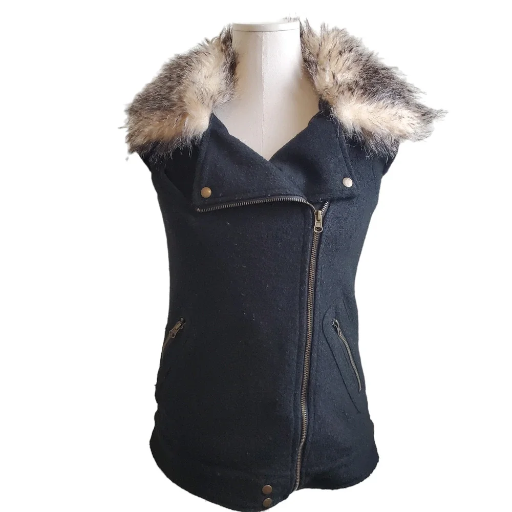 THREAD & SUPPLY | ASYMETRICAL WOOL BLEND SWEATER VEST AZTEC FAUX FUR WOMEN'S XS